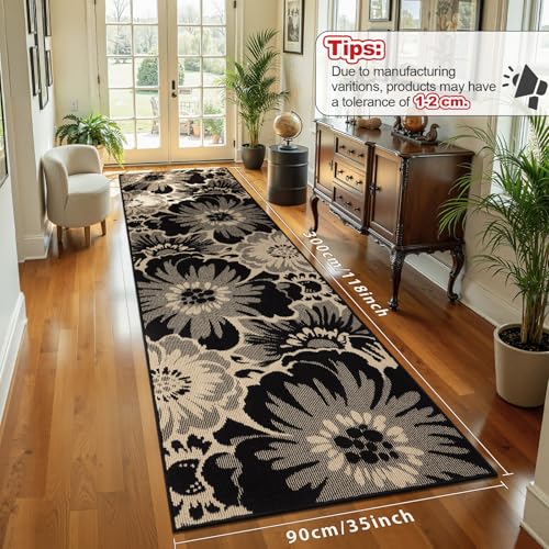 Findosom Hallway Runner Rug 3x10, Non Slip High-Low Textured Floral Washable Runner Rug with Rubber Backing, Boho Carpet Runner for Kitchen, Entryway, Bedroom, Laundry, Black & Beige