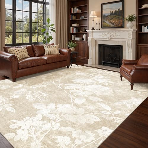 Soalmost Floral Washable Rugs 8x10 for Living Room, Neutral Soft Rug Beige