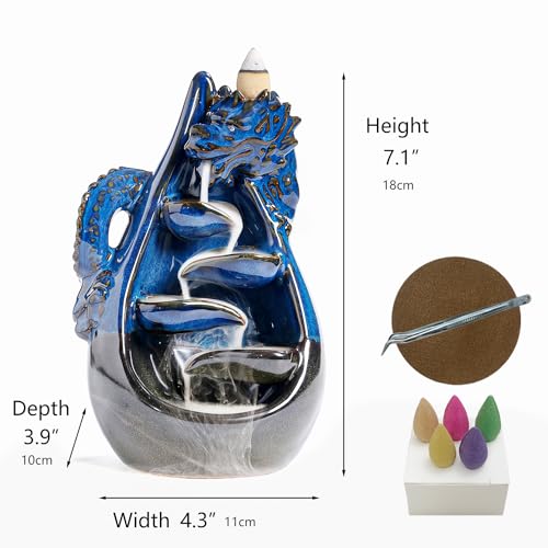Dragon Incense Burner - Ceramic Backflow Waterfall Burner with Dragon Smoke Fountain, Incense Holder, Cones & Tweezer & Fire Mat for Aromatherapy/Yoga/Home/Office Deco