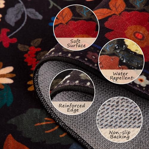 RELEANY Floral 5x7 Area Rugs Washable Print Boho Cute Carpet Non Slip Flower Low Pile for Living Room Bedroom Kitchen Office Farmhouse-Black