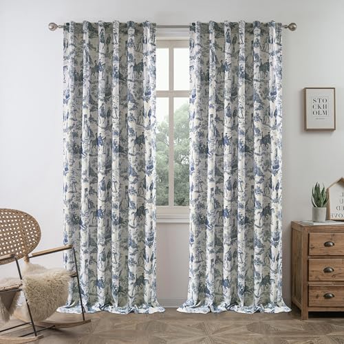 DriftAway 100% Blackout Toile Linen Curtains for Bedroom Double Layer Farmhouse French Country Vintage Printed Pattern Thermal Sound Lined Back Tab Living Room Drapes 84 inch Length 2 Panels Navy