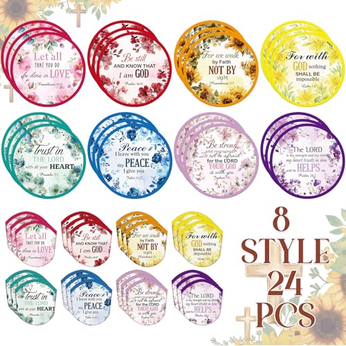 Gejoy 24 Pcs Christian Church Foldable Fan Style Christian Scripture Flower Handheld Round Folding Flying Disc for Women Man Daily Use Festival Wedding Party Favors Decorations Portable, 8 Style