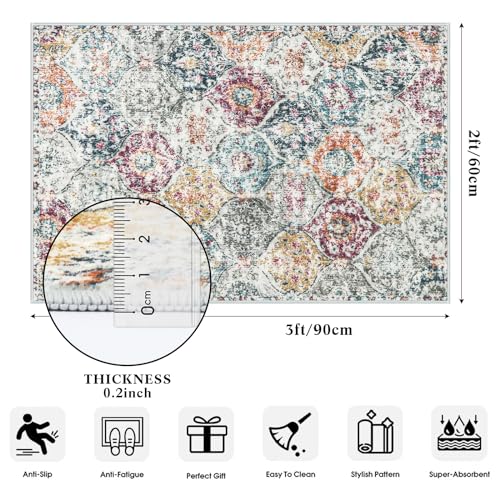 Lahome Moroccan Trellis Entryway Rug, 2x3 Kitchen Rugs Non Slip Washable, Non-Slip Indoor Door Mat Ultra-Thin, Small Throw Carpet for Bathroom Bedroom Entry Elise, Aqua/Multi