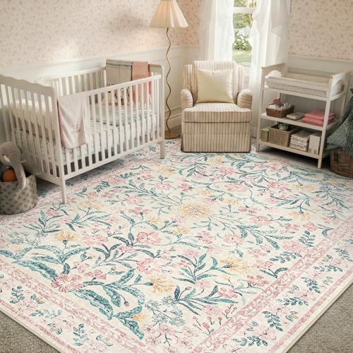 Pink Area Rugs for Living Room 9x12, Washable Boho Floral Large Rug for Bedroom, Soft Non-Slip Thin Carpet for Nursery Playroom Dorm Dining Room Girls Home Decor