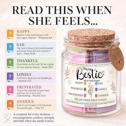 Bestie Bible Verses Jar – Birthday Gifts for Friends, Graduation Gifts for Bestie, Color Coded Bible Verses, Faith Based Friendship Gift for Women