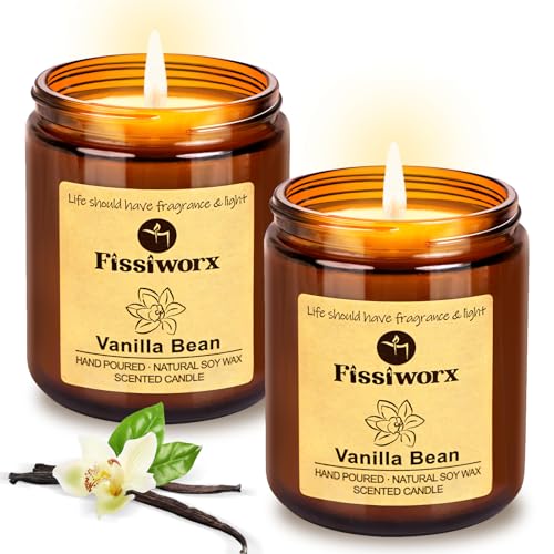 Fissiworx Vanilla Scented Candle Set 2 Pack, Candle for Home Scented, Odor Eliminating, Stress Relief, 15oz, 110 Hours Long Lasting Candles, Soy Candle Gift Set for Women