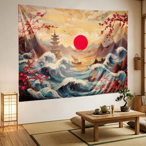 Retro Japanese Tapestry,Vintage Sun Mountain Aesthetic Landscape Tapestry Wall Hanging, Japanese Ocean Wave Sunset Landscape Wall Art, Cherry Blossom Tapestries for Bedroom Living Room 60"x 40"