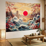 Retro Japanese Tapestry,Vintage Sun Mountain Aesthetic Landscape Tapestry Wall Hanging, Japanese Ocean Wave Sunset Landscape Wall Art, Cherry Blossom Tapestries for Bedroom Living Room 60"x 40"