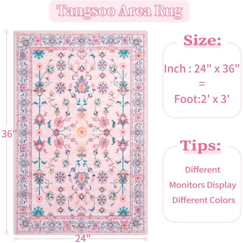 Tangsoo Pink Floral Small Rug for Entryway,2x3 Washable Entry Rug Non Slip