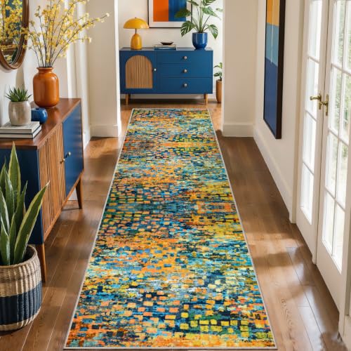 Colorful Blue Orange Abstract 2.6x10 Washable Hallway Runner Rug Non Slip