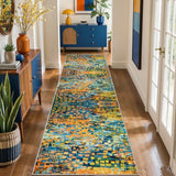 Colorful Blue Orange Abstract 2.6x10 Washable Hallway Runner Rug Non Slip