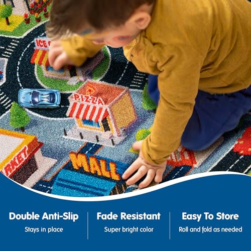 Booooom Jackson Car Rug for Kids, 59" x 31" Soft Non-Slip Play Mat with City Road Pattern, for Toddler Boy to Play Toy Cars in Playroom or Bedroom