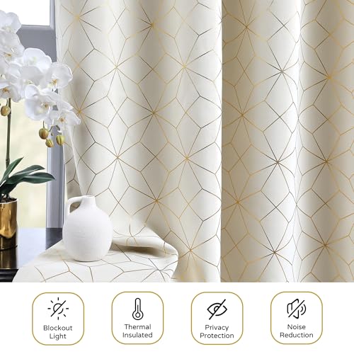 Beauoop 100% Blackout Curtains 84 Inches Long for Bedroom Living Room Moroccan Gold Patterned Drapes Thermal Insulated Grommet Top Window Treatment Panels Set of 2, Beige/Gold