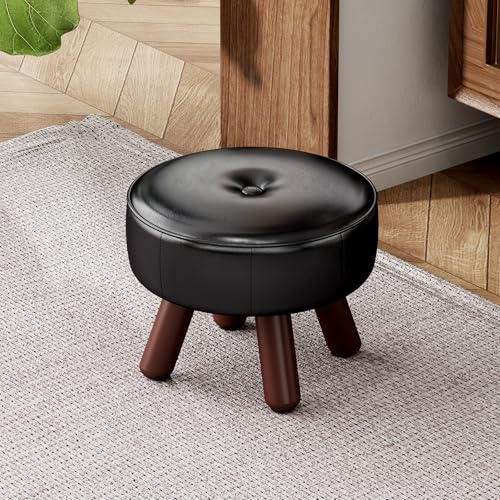 13in Small Round Foot Stool, Faux Leather Footrest, Black Footstool Ottoman