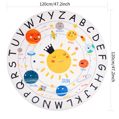 Round ABC Space Kids Rugs,4 ft Non-Slip Solar System Alphabet Rugs, Washable Rug, Soft Plush Educational Circle Rug for Classroom playroom Bedroom Kids Room Decor(for Age 2+)