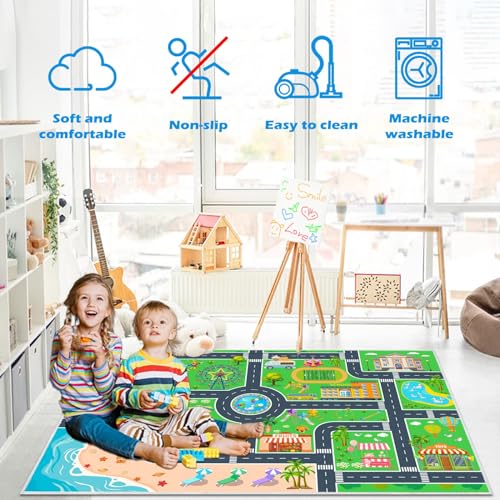 Kids Carpet Playmat Car Rug, Car Rug for Kids Toy Cars and Train, Non Slip Play Mat for Playroom Kids Room, City Life Educational Road Traffic Carpet for Classroom Nursery(Green,31×47in)
