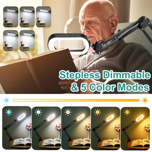 12X Magnifying Glass with Light, Rectangle Real Glass, 5 Color Modes Stepless Dimmable Magnifier with Stand, LED Lighted Clamp Desk Lamp with Swing Arm, Hands Free for Reading Crafts Close Work