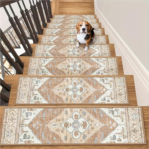 Lahome Stair Treads Non Slip 15 Pack 8" X 30" Stair Treads for Wooden Steps, Washable Self Adhesive Stair Runners Stain Resistant Stair Carpet, Edging Staircase for Kids Elders and Dogs Dorie, Taupe
