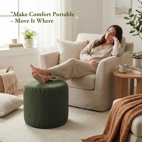 ele ELEOPTION Round Stuffed Pouf Ottoman Poufs with Foam Chunk Filling Pouf Foot Stool Storage Ottoman, 20 X 14 Floor Poufs Foot Rest for Living Room Green