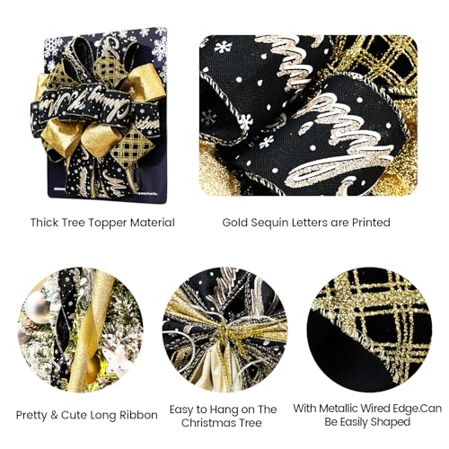 Christmas Tree Topper Bow,48''x 13'' Large Glitter Satin Christmas Wreath Bows Xmas Ornaments with Long Streamer Wired Edge Ribbon for Farmhouse Christmas Decoration (Black and Gold)