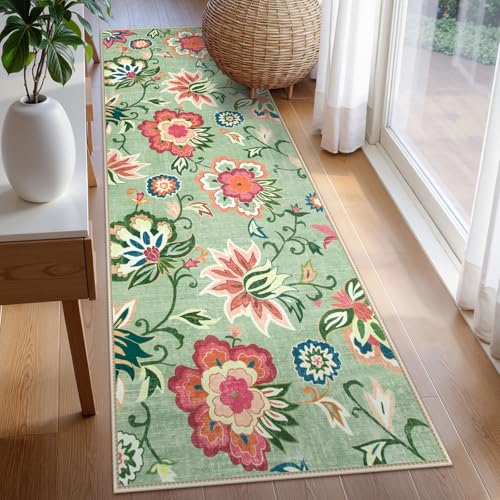 Floral Kitchen Runner Rugs Non Skid Washable, Low Pile Ultra Thin Rug Runners 2x6, Non Slip Paisley Carpet for Laundry Bedroom Entrance Bathroom (Light Green,2'x6')