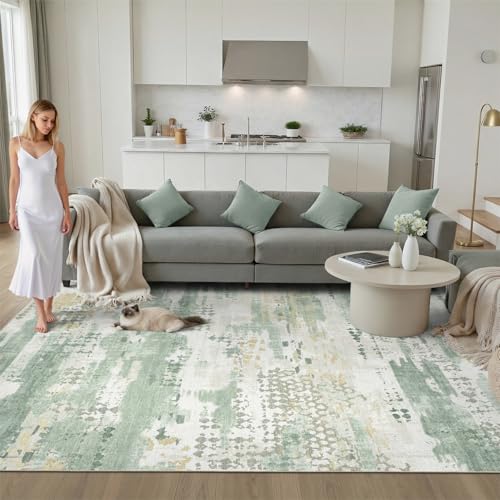 DCX Abstract Area Rug 5x7, Washable Sage Green Modern Rug for Living Room, Kid & Pet Friendly with Rubber Back Non Slip, Soft Low Pile Carpet, Stain Resistant Rug for Bedroom, Office, Dining Room