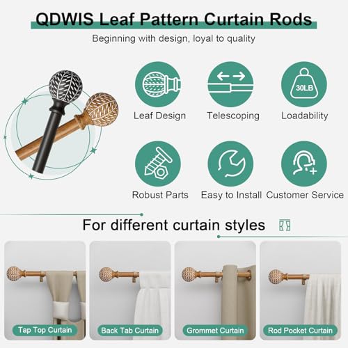 QDWIS Imitation Wood Grain Curtain Rods for Windows 72 to 144 Inch,1 Inch Heavy Duty Adjustable Wood Curtain Rod,Boho Decorative Drapery Rods Set with Brackets,Size:36''-150''