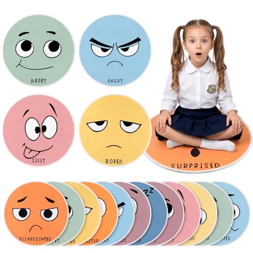 WILLBOND 12 Pcs Kids Carpet Circle Seats for Class, 16 Inch Circle Time Classroom Rug Feelings Chart Emotion Floor Cushions Back to School Educational Mat for First Day of School Seating Learning
