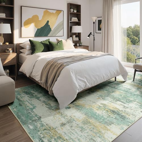 5x7 Area Rug for Living Room, Washable Green Beige Rug
