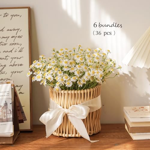 Small White Daisy Flowers Artificial,6 Bouquet/36Pcs 10 Inch Fake Daisies,Cute Spring Wildflowers for Centerpiece Table Decor