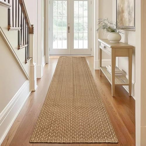 Tan Brown Boho Faux Jute Runner Rug 2x8 ft,Braided Non Slip Hallway Rug