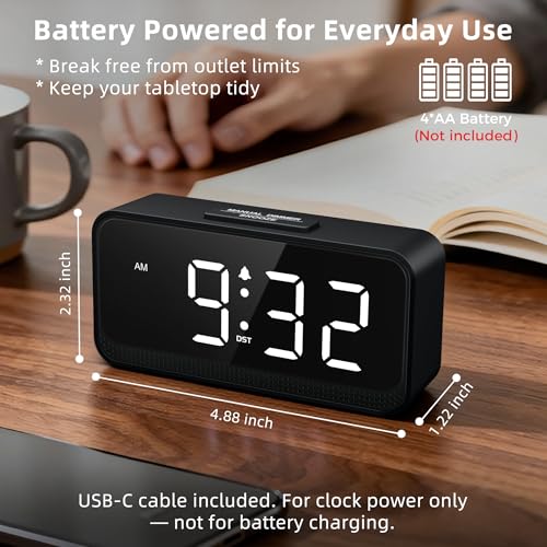 Battery Operated Small Alarm Clock: Digital Compact Large Display Cordless Clock for Bedroom Travel - Simple to Use for Seniors Teens White Digits