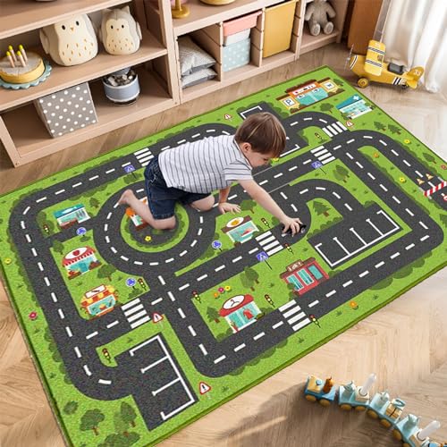 Road Rug for Kids, 2'7" x 3'11", Toy Car Play Rug Mat Carpet with Construction Town Style in Playroom Children Bedroom, Educational City Rugs for Boys Aged 3-12 Years Old