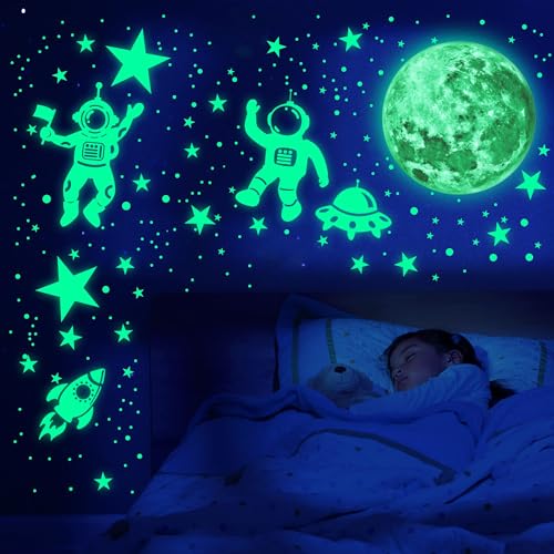 Glow in The Dark Stars for Ceiling Glow in The Dark Moon and Space Wall Decals Luminous Astronaut Universe Planet Galaxy Wall Stickers Outer Space Decal for Kids Boys Girls Bedroom Christmas Gift