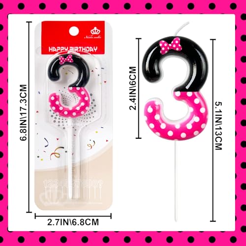 3rd Pink Black Birthday Candles for Girls，Number Birthday Decorations for Girls，Pink Mouse Cake Topper Cupcake Decor，Cartoon Themed Birthday Party Decorations Supplies
