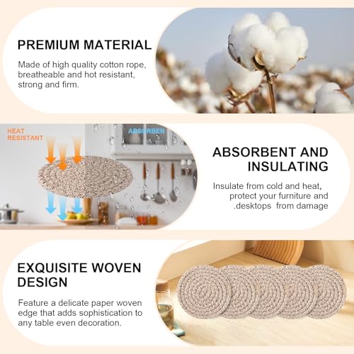 OIAHOMY 10 Pcs Drink Coasters with Holder, Boho Cotton Woven Coaster Set, Absorbent Coaster Protection for Various Cups, Ideal for Coffee Tables Home Decor and Gift, 4.3 Inches, Brown