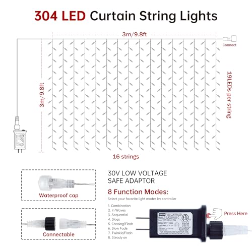 HEYFUNi 304 LED Curtain Lights Outdoor, 9.8Ft*9.8Ft Hanging String Lights Plug in with 8 Modes, Connectable Curtain Fairy Lights for Bedroom, Dorm, Christmas, Wall, Backdrop, Wedding Decor, White