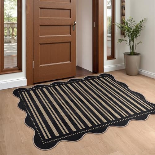 Striped Easy Jute Front Door Mat, 2.6x4 Washable Entryway Rug Non Slip Small Kitchen Rug, Farmhouse Low Pile Floor Scalloped Rugs for Bathroom Porch Doorway