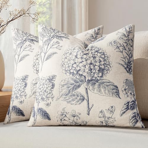 Set of 2 Decorative Floral Pillow Covers 22x22 Inch Navy Blue