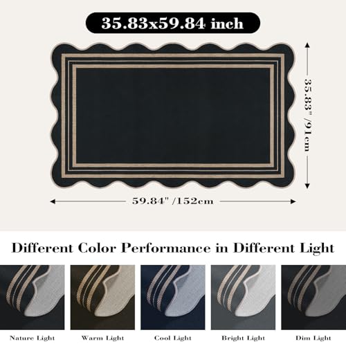 Scalloped Easy Jute 3x5 Outdoor Rug, Washable Rugs for Entryway Black Front Door Mat, Farmhouse Neutral Non Slip Indoor Carpet for Patio Living Room Backyard