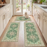 3 Piece Kitchen Rugs Sets with Runner, Washable Non Slip Soft Boho Kitchen Mats, Low Pile Stain Resistant Carpet for Hallway, Laundry Room, Entryway, Home Decor(20"x32"+20"x48"+20"x59", Green Beige)