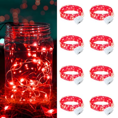 8 Pack Red Fairy Lights Battery Operated, 7ft 20 LED Mini String Twinkle Lights for Valentine's Day Christmas Halloween Mason Jars Party Centerpiece Table Decorations (8, Red)