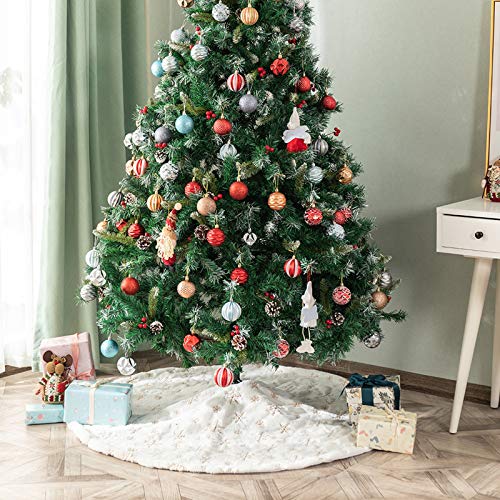 Plush Christmas Tree Skirts, 36 inches Luxury Snowy White Faux Fur Xmas Tree Base Cover Mat with Gold Snowflakes for Xmas New Year Home Party Decorations (36 inches, Gold)