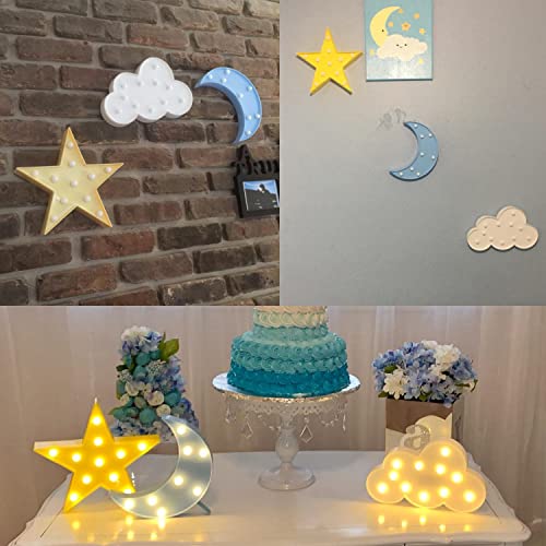3 Pack Star Moon Cloud Night Light - LED Decorative Lamp for Kids Room, Warm White Cordless Wall Mountable/Freestanding Lights, Perfect Birthday/Baby Shower Party Decor & Gift for Children