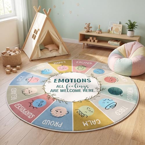 4ft Boho Feelings Chart Rug Feelings Chart Wheel Round Mat Calm Corner Classroom Rug Emotion Reading Soft Fluffy Mental Health Carpet Circle Sensory Mat for Bedroom School Living Playroom