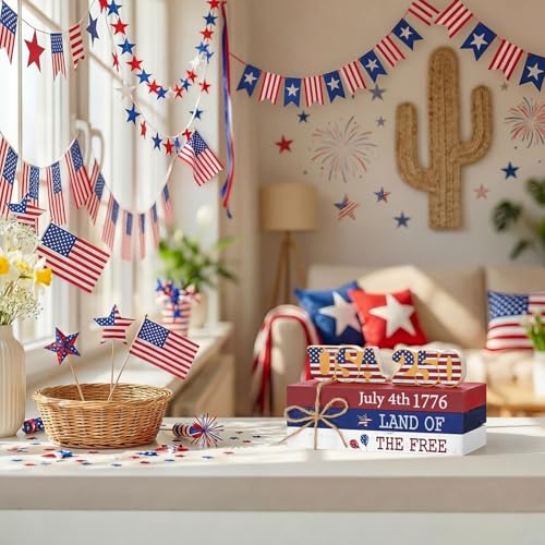 Smile 4th of July 250th Anniversary Wooden Block Stack with USA Decor, 5-Piece "Land of the F – lifestyle view