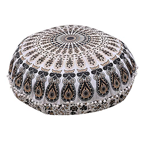 Mandala Floor Pillow Cushion Seating Throw Cover Hippie Decorative Bohemian Ottoman Poufs, Pom Pom Pillow Cases,Boho Indian (32 Inches, Gold Black)