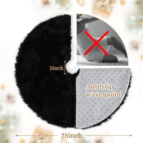 MACTING Faux Fur Christmas Tree Skirt 28 Inch Black Plush Skirt Fluffy Soft Double Layer Small Tree Mat Base Cover for Merry Christmas Party Holiday Home Indoor Halloween Xmas Tree Decorations