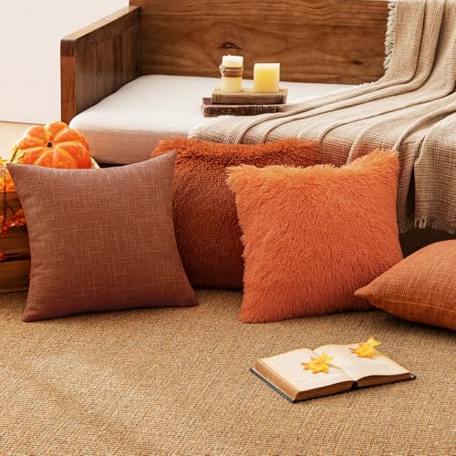 MIULEE Burlap Linen Euro Throw Pillow Covers 24x24 Inch Set of 2 Fall Rust
