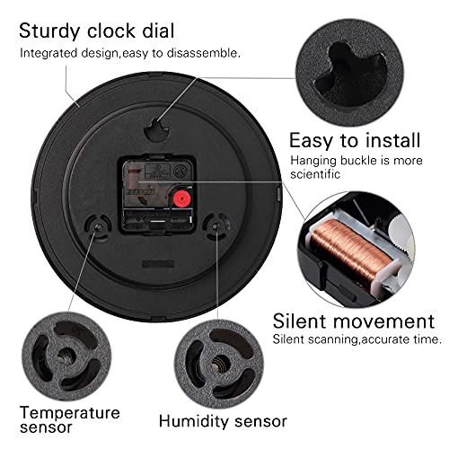 Wall Clock, Sweep Silent Movement Accurate Clocks with Temperature & Humidity, Decorative for Kitchen/Living Room/Bedroom/Office/School/Classroom (Black, 8 inch)